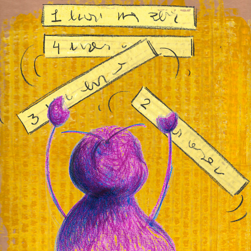 Autism trying to sort different yellow signs with small every day tasks putting them in the right order on a warm orange background