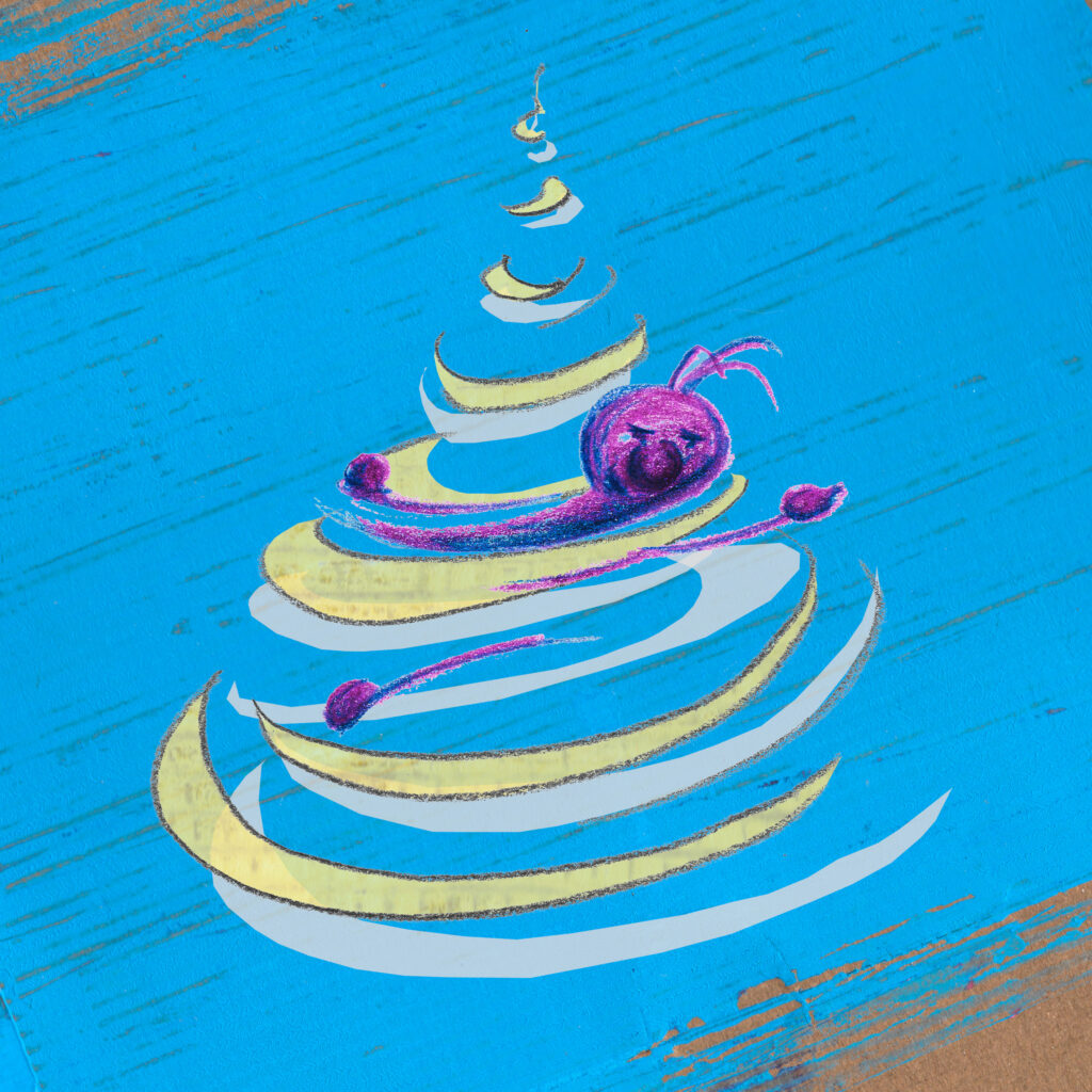 Blue painted background showing a swirl wind with Autism all tangles op inside it and head and arms sticking out from the twirls