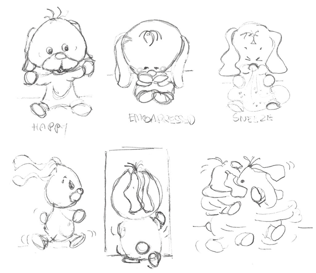 Cute toy bunny character study with 6 small illustrations of different emotions like happy embarrassed sneezing and running pencil sketch on white paper