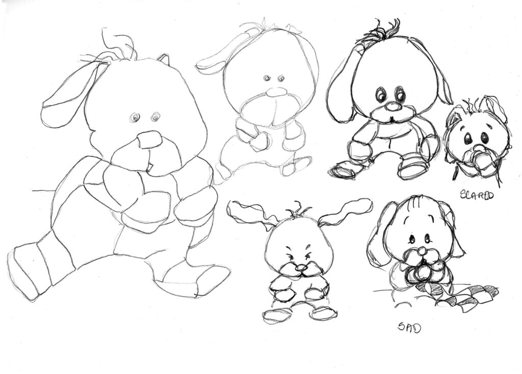 Cute toy bunny character study with one large illustration of the original toy bunny and several smaller illustrations with the bunny in a mood like scared or sad