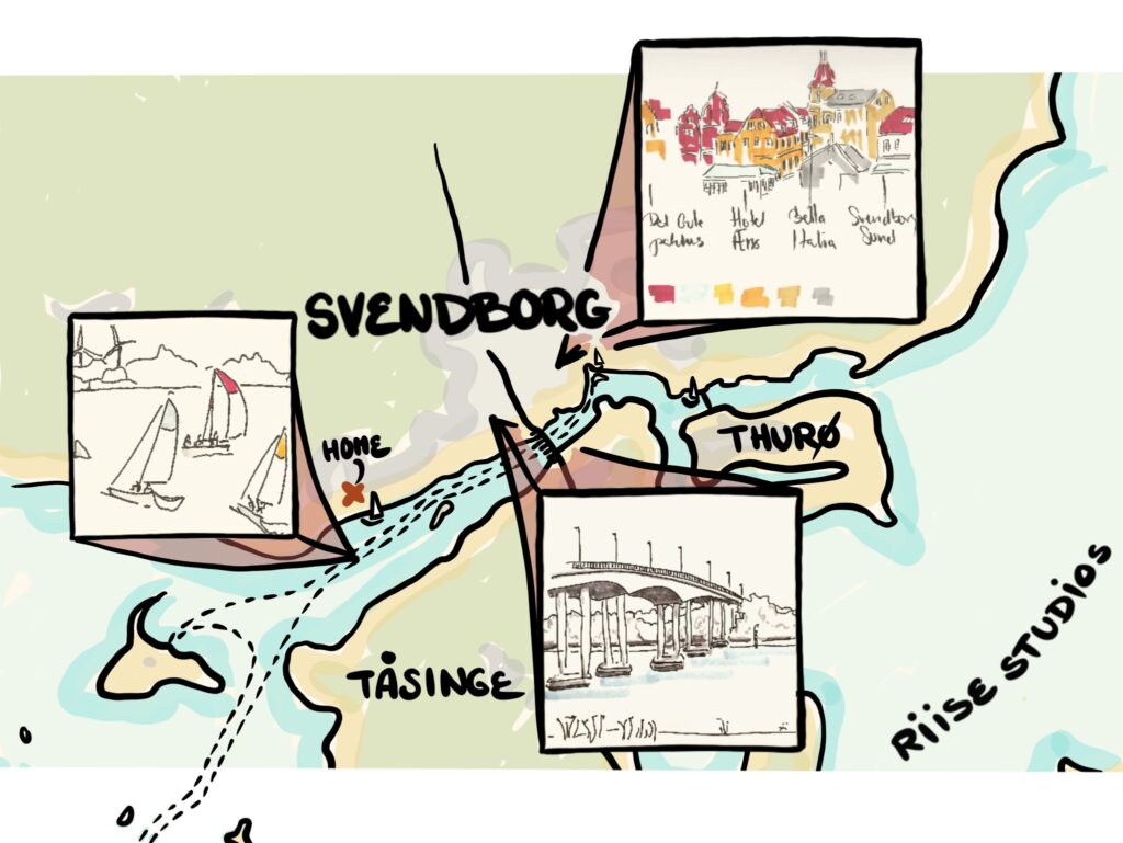 An illustrated handdrawn map of the area around Svendborg with 3 sketches places on top showing sailboats restaurants and a the local bridge Svendborg Sund broen all handdrawn ink or brush pens with a few colours 