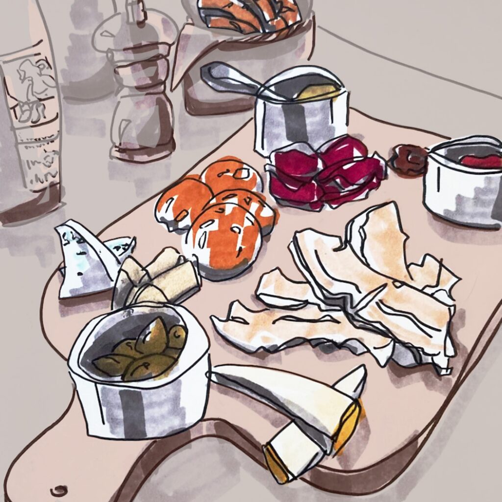 Drawing of tapas on a board picturing olives in a bowl pieces of cheese sausage jam and pieces of melon