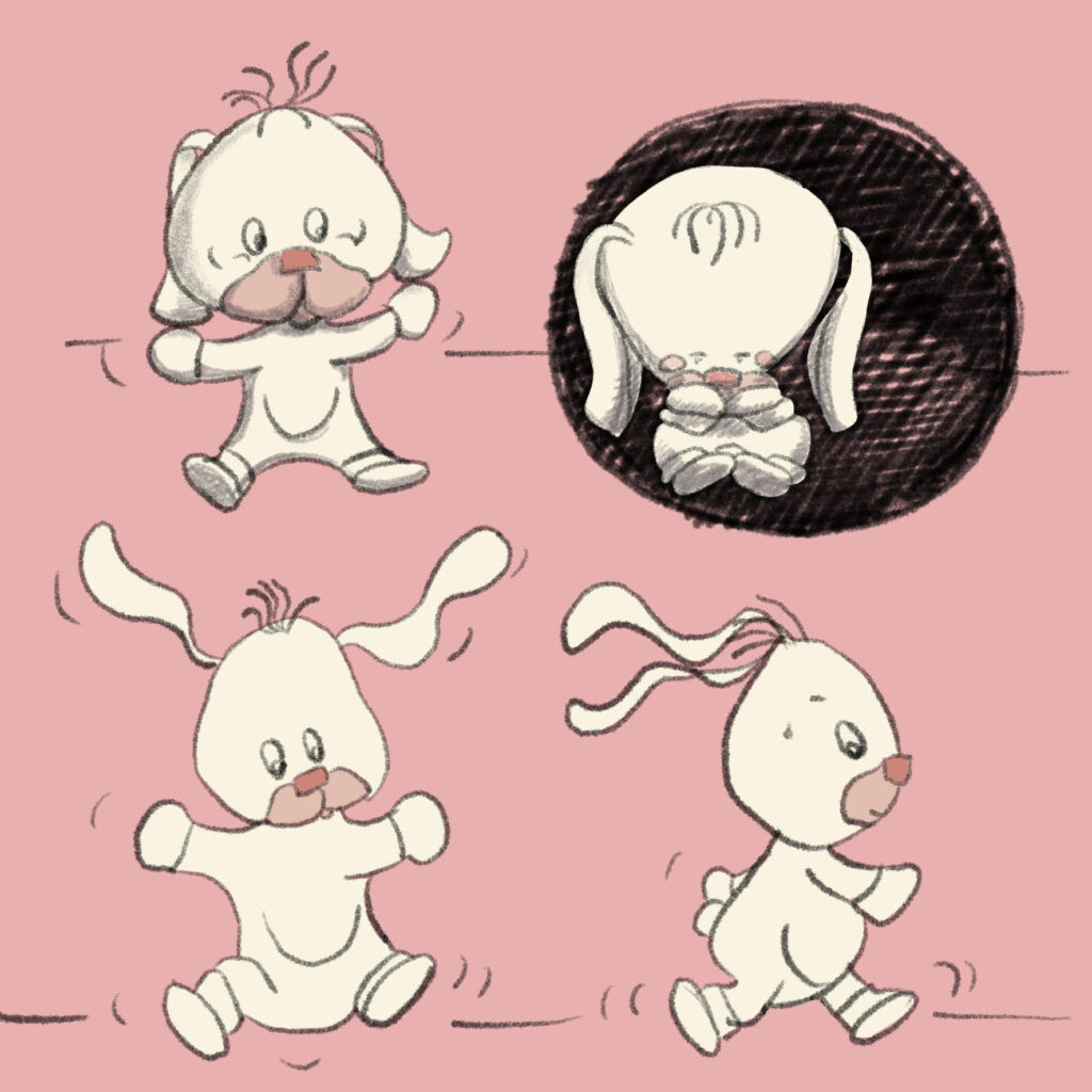 Toy bunny character study with 4 emotions actions drawn digitally to look like pencil sketch with cream colours too on pink background and the sad depressed emotion on black background all made in procreate