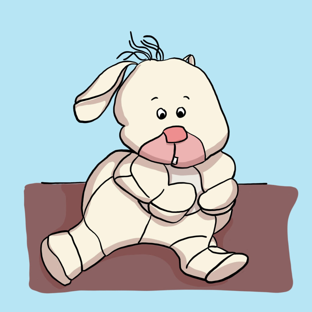 Cute toy bunny made as digital drawing with black line, cream coloured body, pink nose and flappy ears sitting on a brown area with light blue background