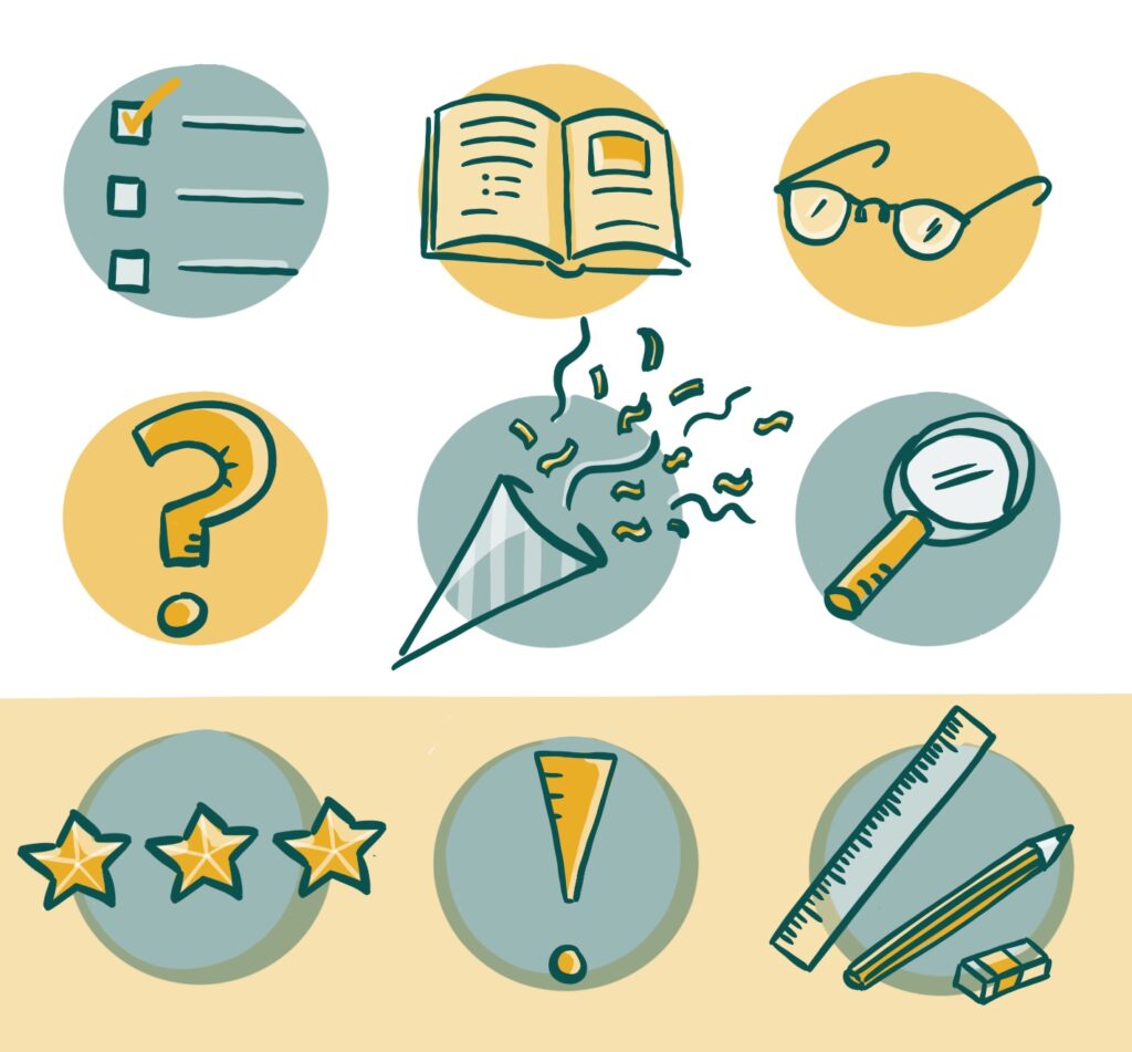 Icons in yellow and green showing books glasses magnifying glass tre stars questionsmark and ruler and pen suited for use on schools