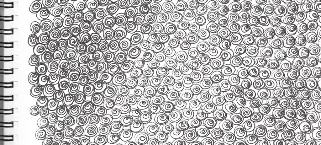 Black thin lines of spirals next to spirals in hundreds drawn as a minfdul activity