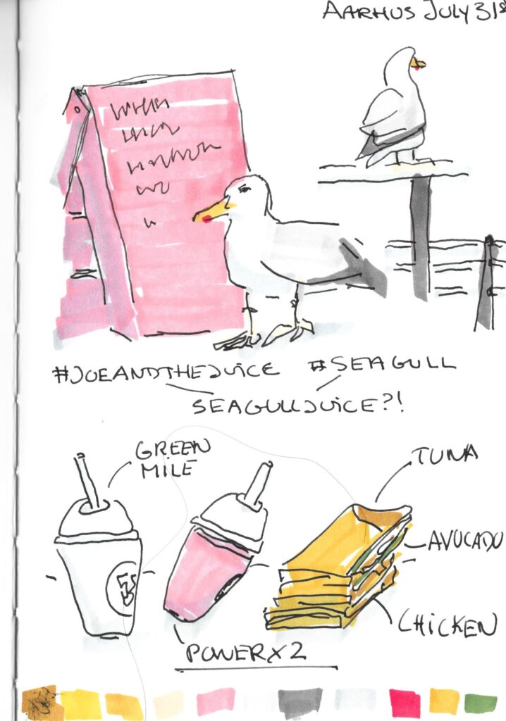 Seagul in front of a pink A-stand sign other eagul on a fence in the fron top of juice cups all drawn in black ink and a few colours added using markers