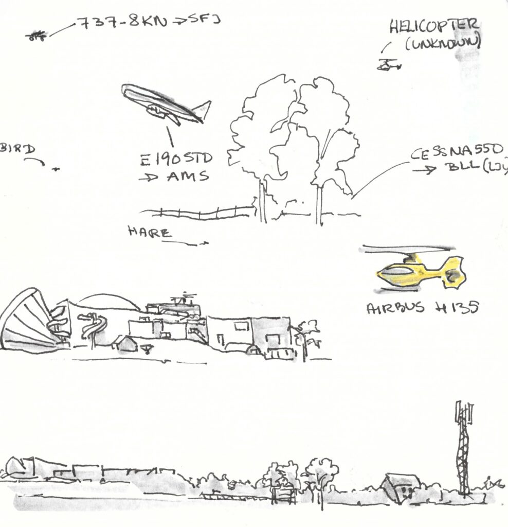 Landscape with a few buildings and trees airppanes in the air and small texts telling which type of airplane or route it is on telling that the picture has been drawn close tgo an airport