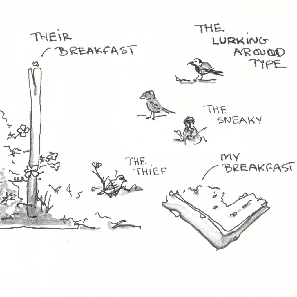 Black in drawing with birds named the sneaky, the lurking around bird and the thief suggesting that they have or will take the half eaten piece of toast shown in the bottom of the pictures called my breakfast