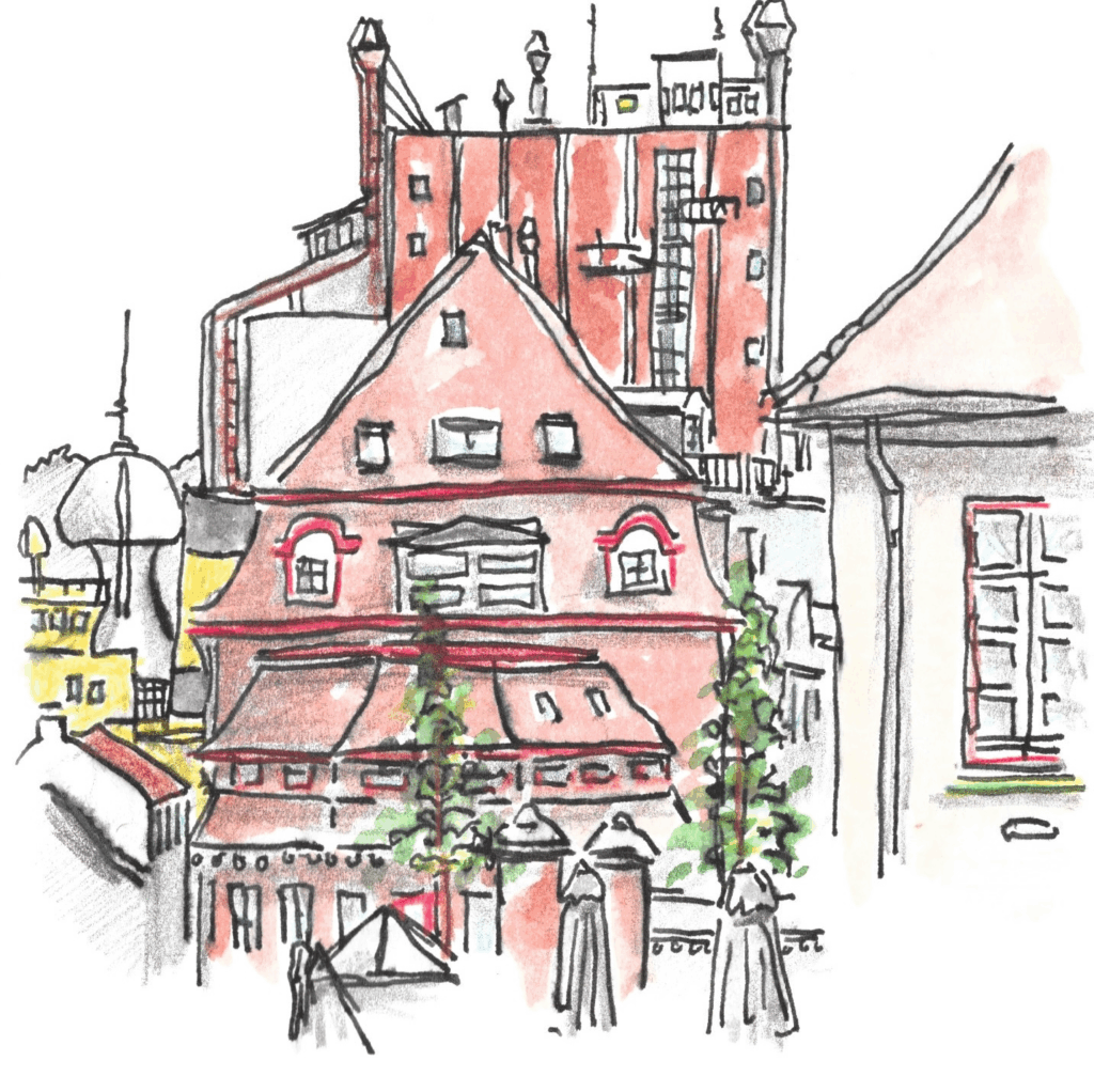 Blank line sketching of partly industrial old red brick buildings a few trees and a cafe in the front
