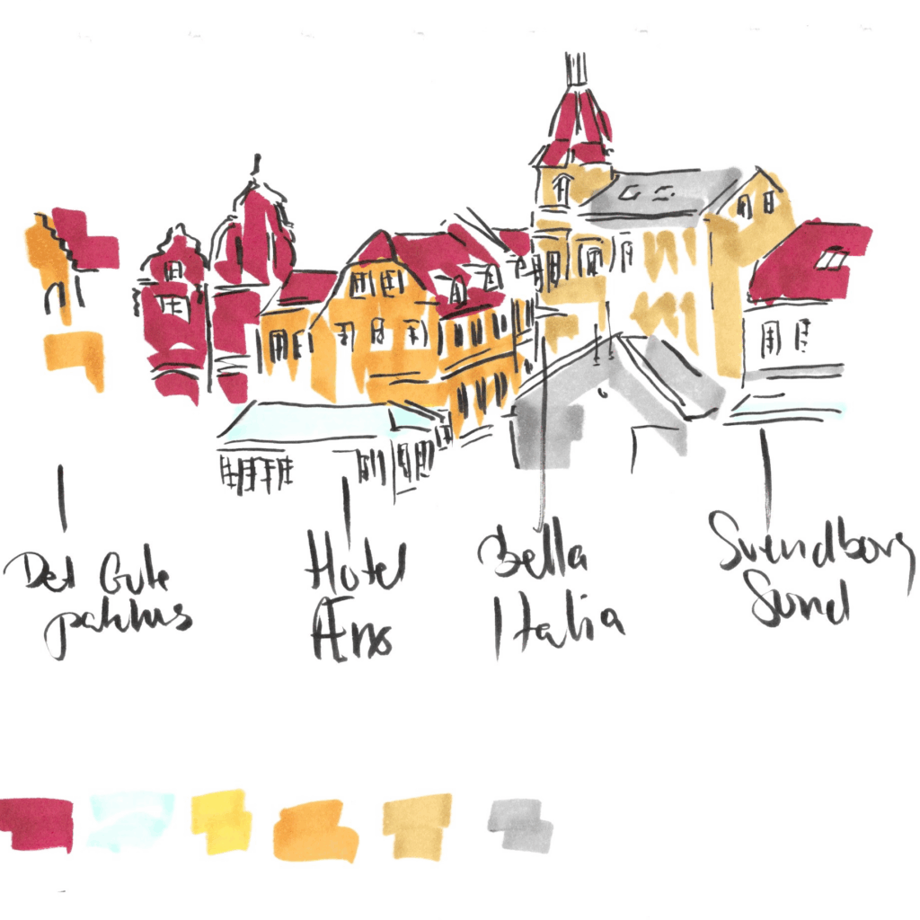 Black line drawing of hotel and restaurants at the harbour in Svendbrog sund. Buidlings in red and yellow dricks and red roofs
