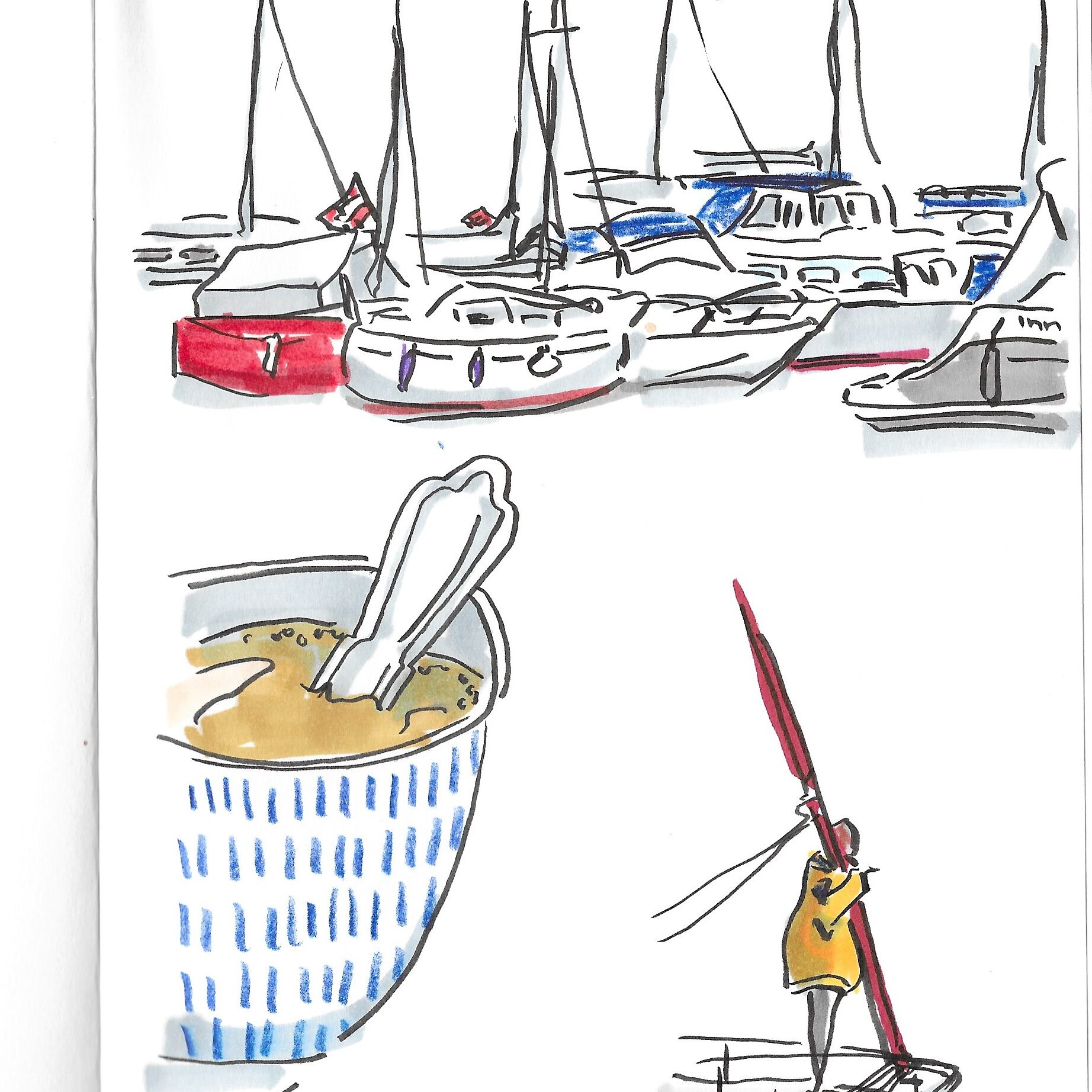 Sketch black ink of sailboats in a harbour one woman in yellow rain coat on deck and in the foreground a cup with white tesselations with tea