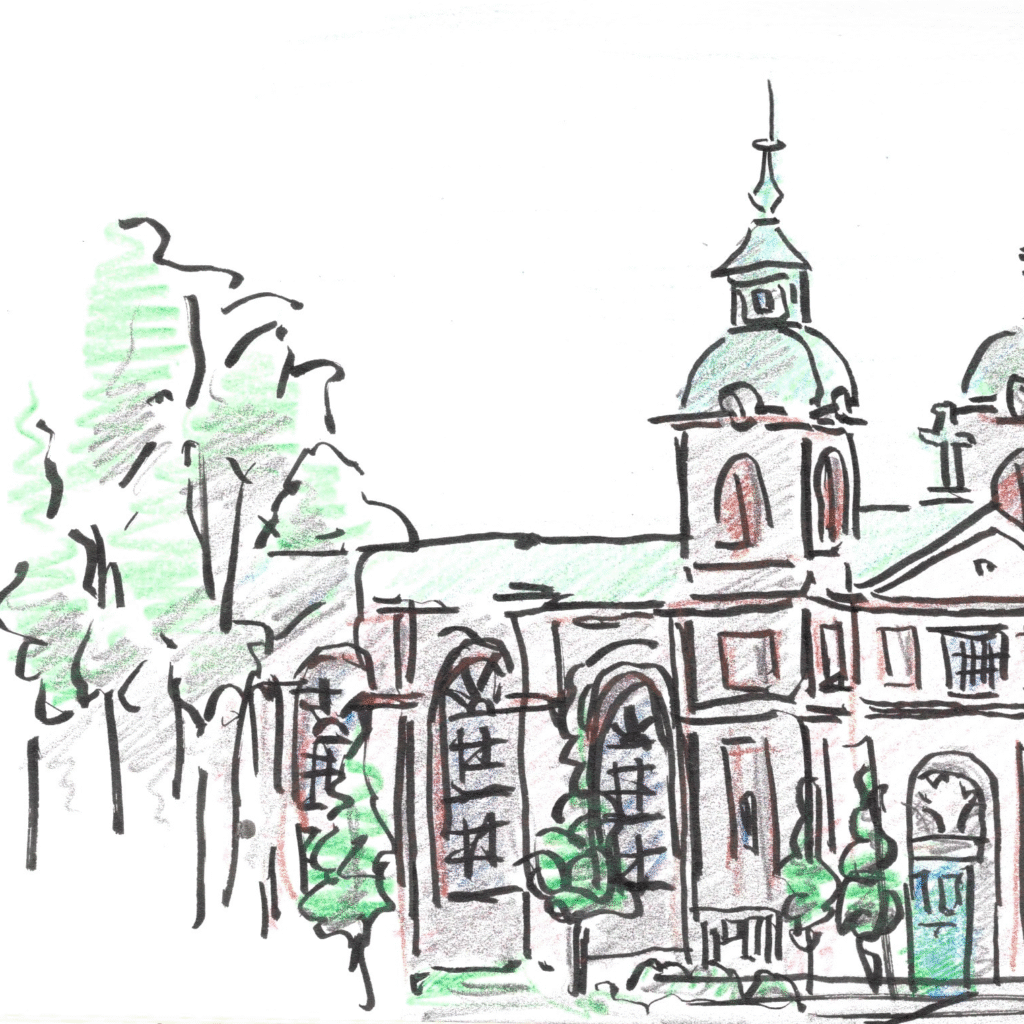 Landskrona city church sketch in ink at with light colour pencil for red brick wall and a few green trees on the left side