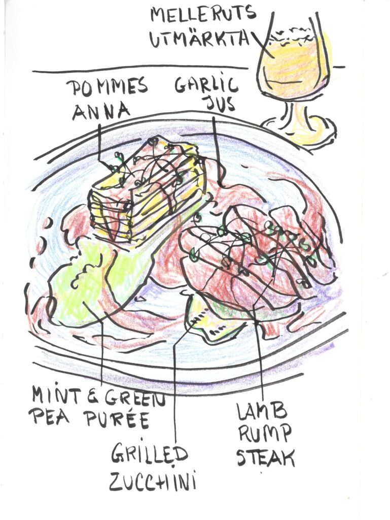 Ink drawing of plate with food a few colour pencil colours writing teels what kind of food it is, lamb rump, peas, potatoes and gravy