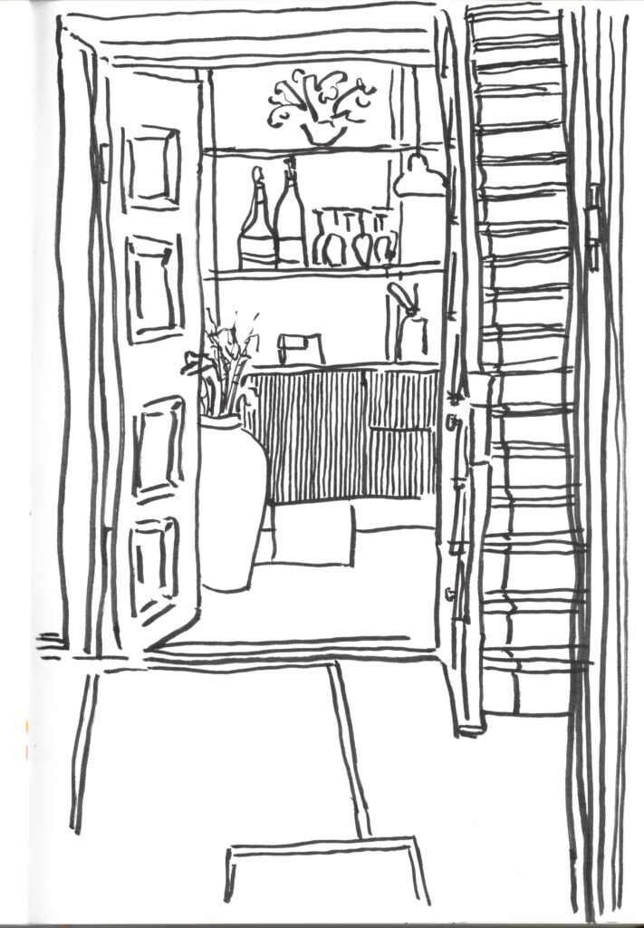 Black and white sketch of a halway with stairt on the right and looking into an adjecant room on the left