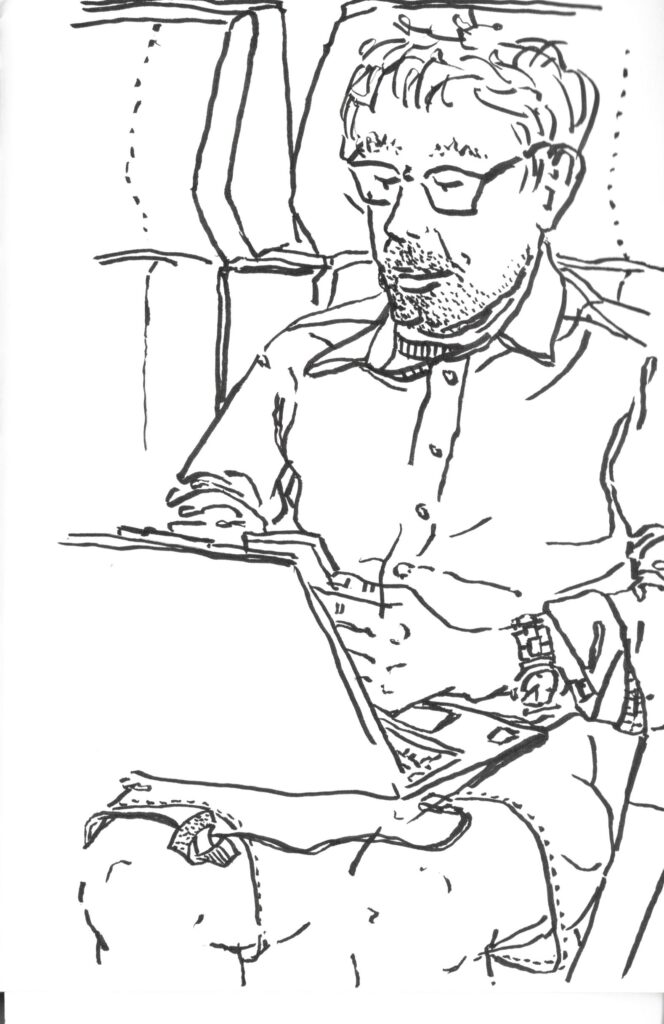 lack and white drawing on a man sitting in a train with a laptop busy working