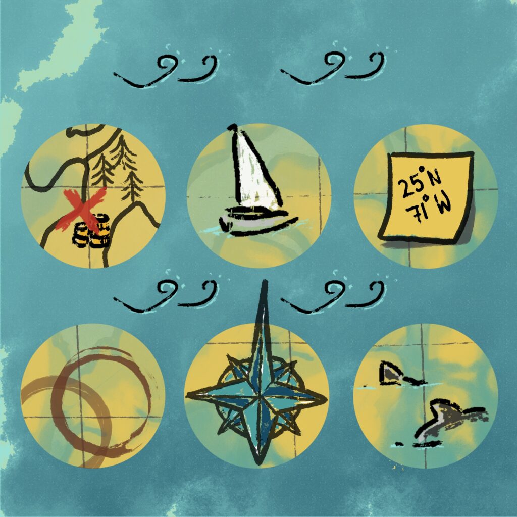 icons related to an old map with a compass rose a ship coffee spils and fins from a shark in the water