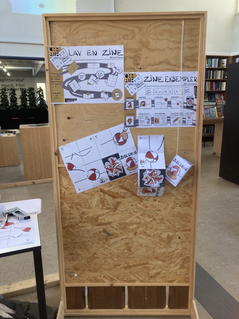 Printed Zine how to guides and story board displayed on a moveable wall stand