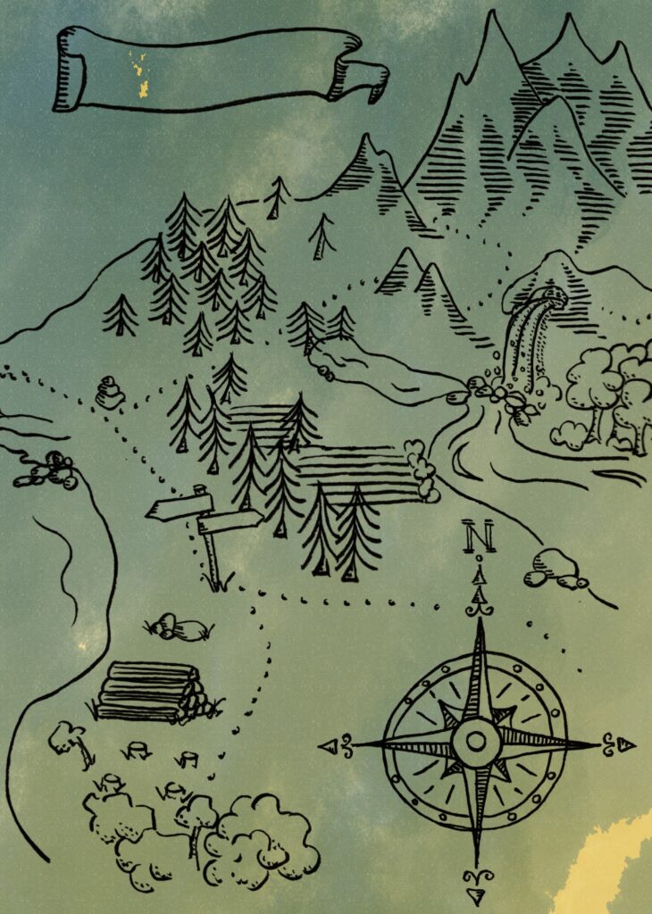 fantasy map of forest and mountains in linework on blue background