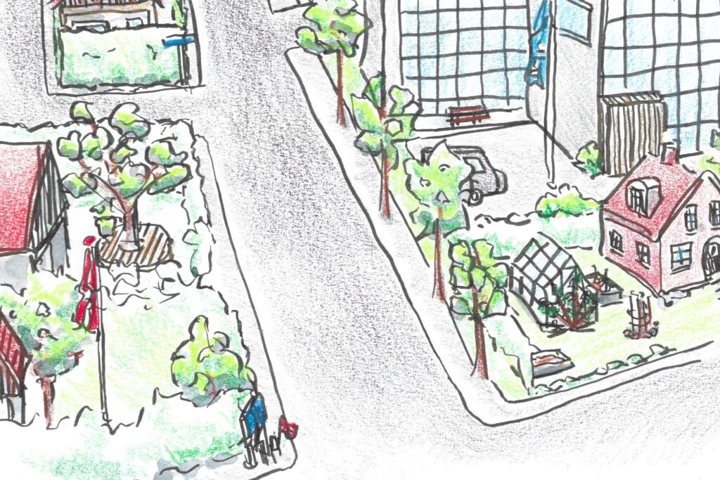 Black linedrawing of a few building seen from bird perspective with color pencil