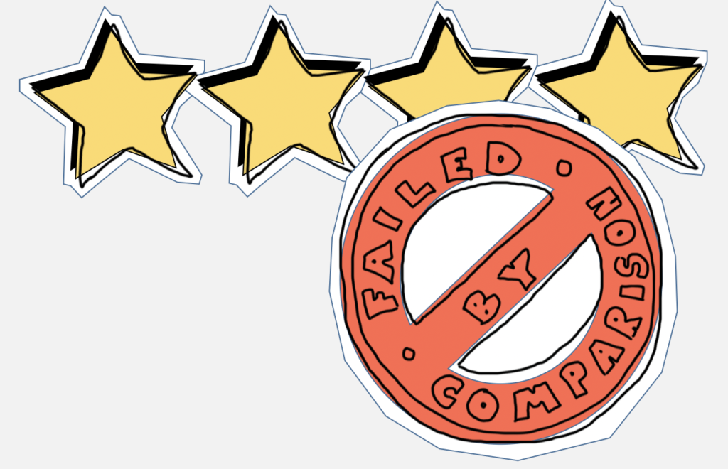Losely drawn 4 start rating and a red stamp with the text failed by comparison